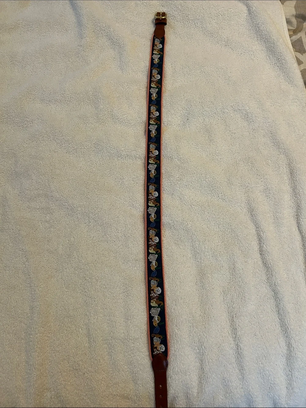 Embroidered Navy nautical belt with Brown Leather Ends